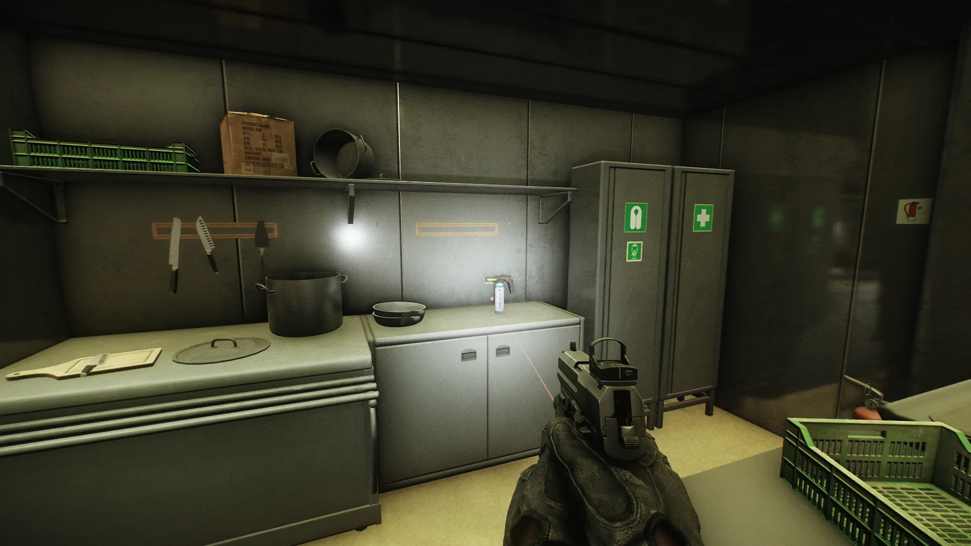 On a countertop next to lockers