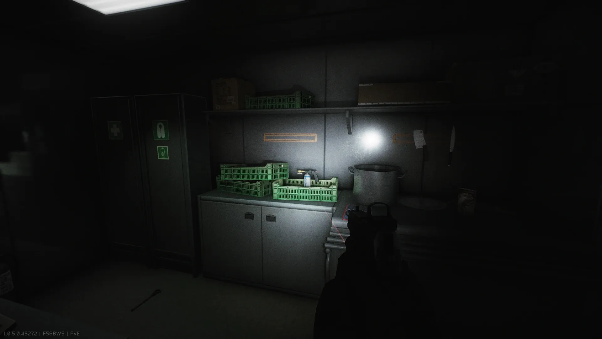 Inside a green crate on a countertop next to lockers