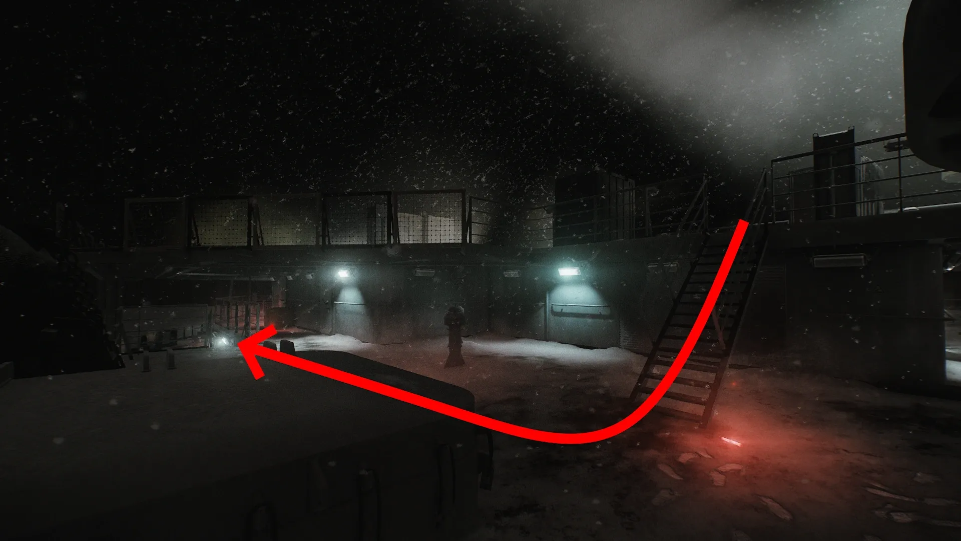 The stairs on the left after the drone hangar