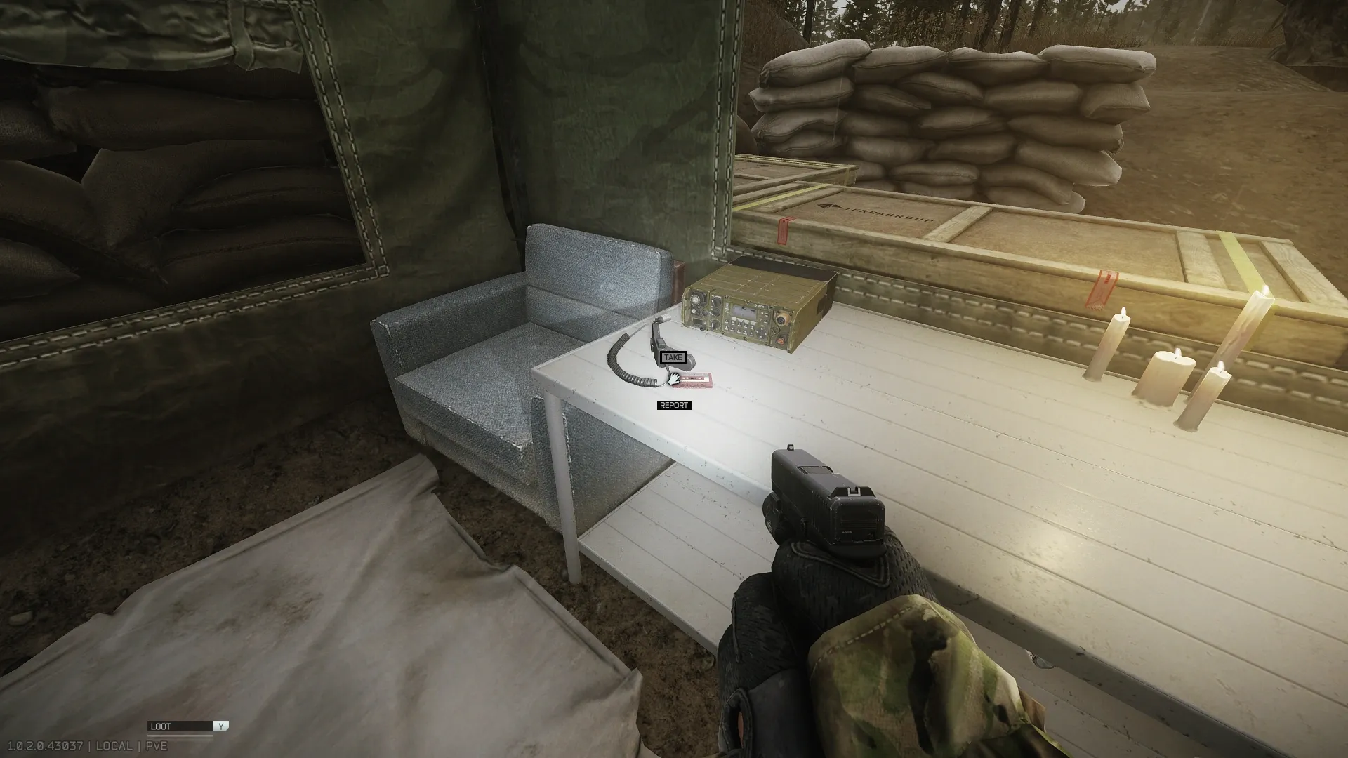 Audio tape with report on the table with the radio system in the tent