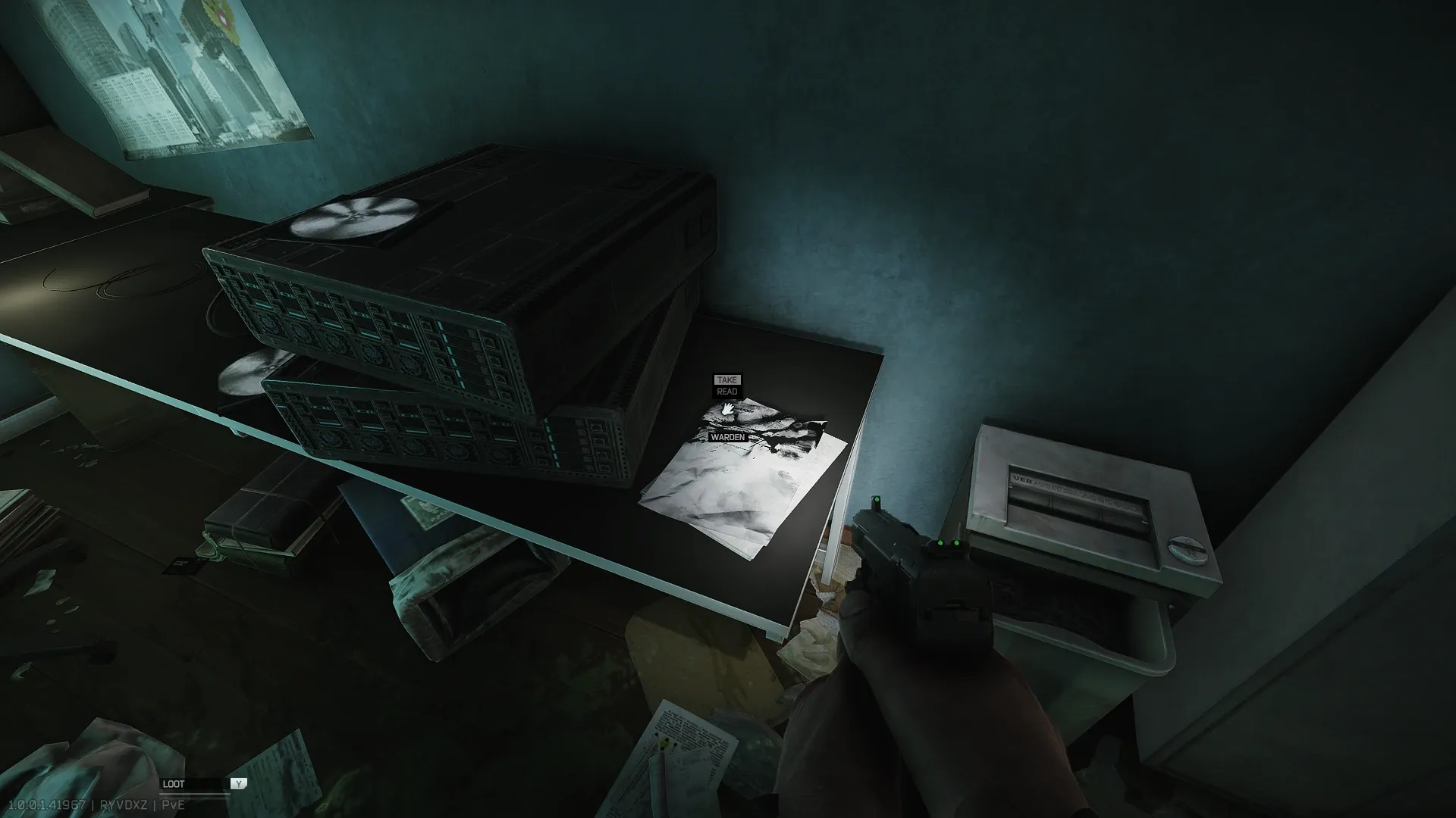 Document mentioning the Warden on the right end of the desk