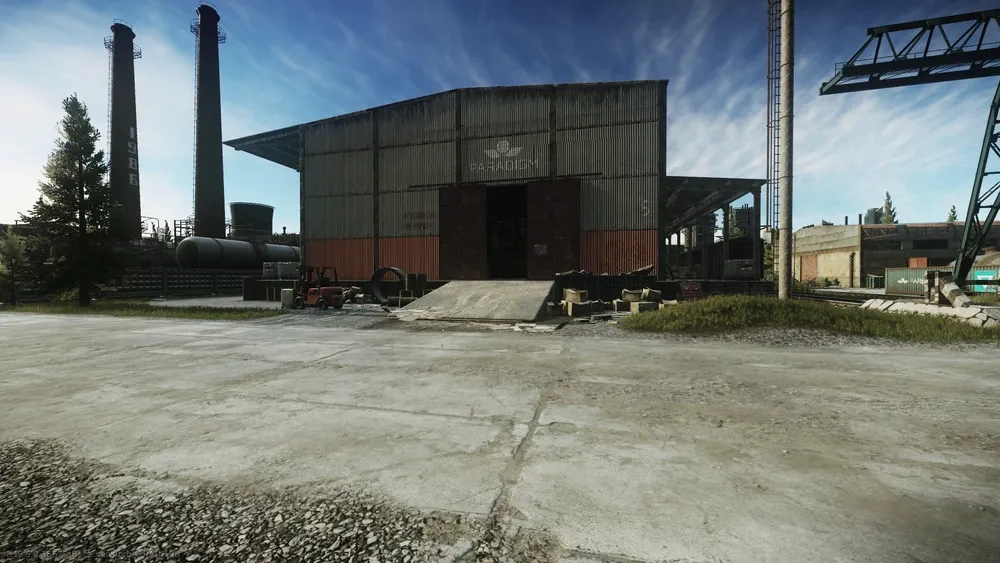 The warehouse with the vehicle inside.
