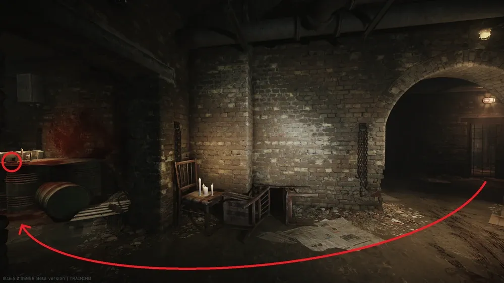 Spawn 4: Ontop of bloody barrels adjacent to the arch opposite the room