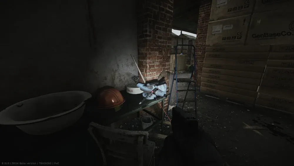 Second spawn in building #4: In the bench vice on the table with the red helmet