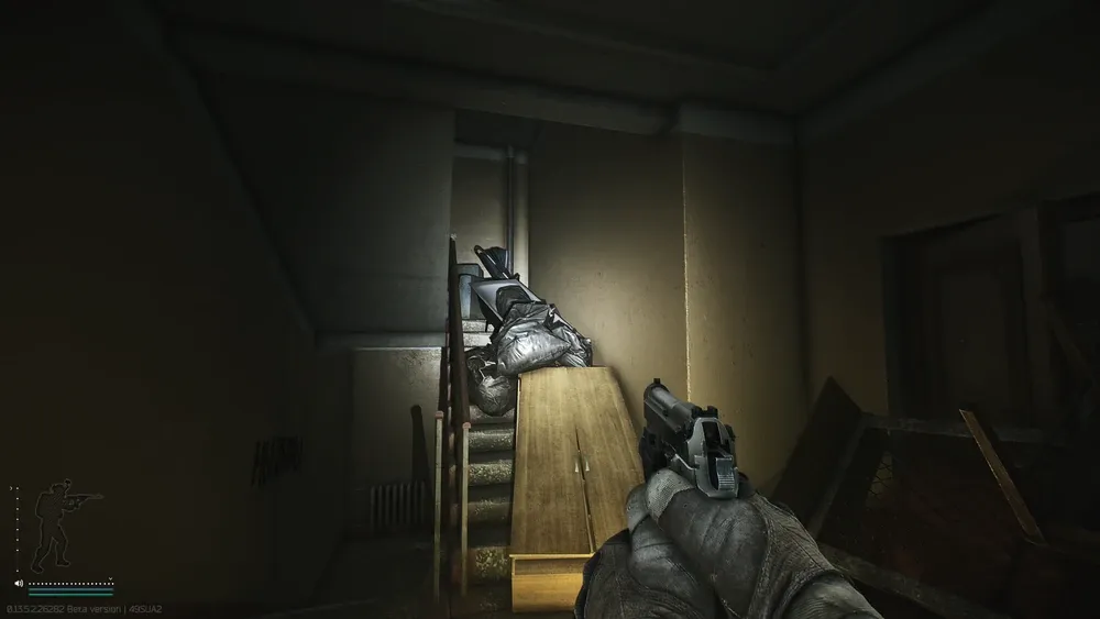 Third to fourth floor stairs with trash that has to be climbed over