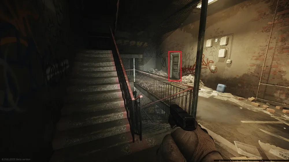 View to the marked room from second floor staircase