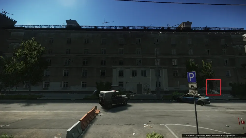 The apartment building with the entrance in the wall marked