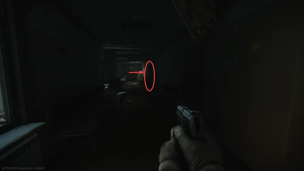Walk down the corridor and go through the second door.