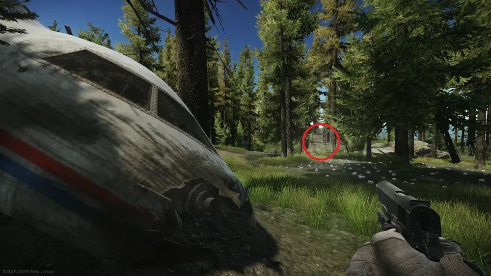 Location of the hunting stand, view from the front of the crashed plane