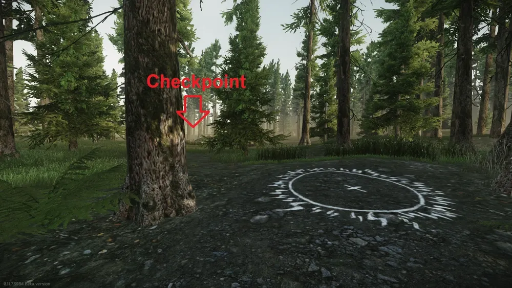 View from the marked circle stashing spot towards the checkpoint